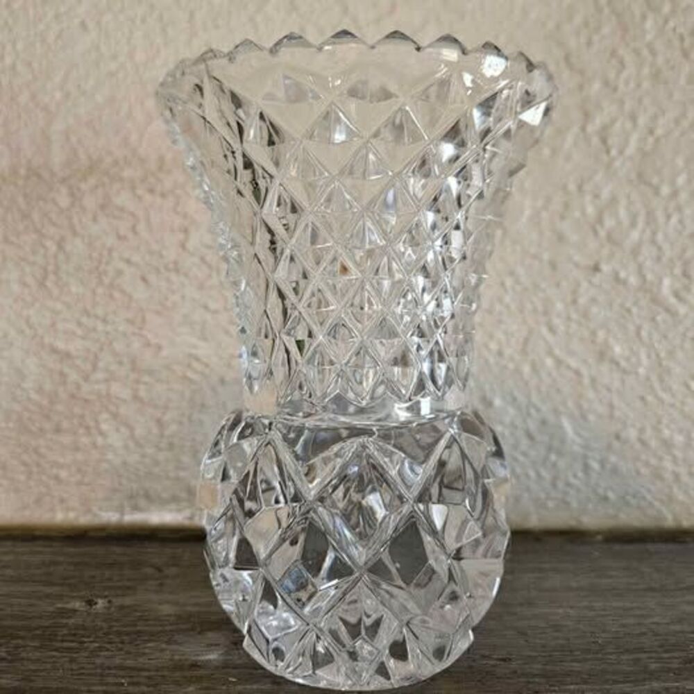 Vintage Cut Crystal Pineapple Bud Vase Flared Sawtooth Rim